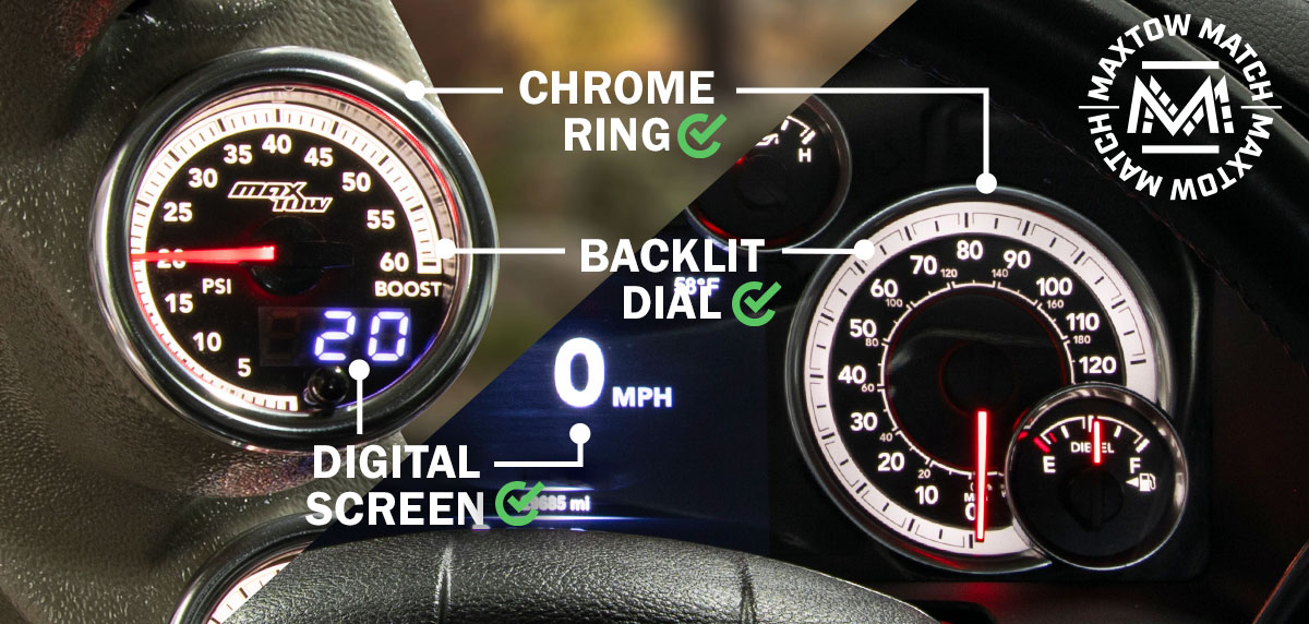 MaxTow Match for 4th Gen Cummins Gauge Comparison to Factory Dash Cluster