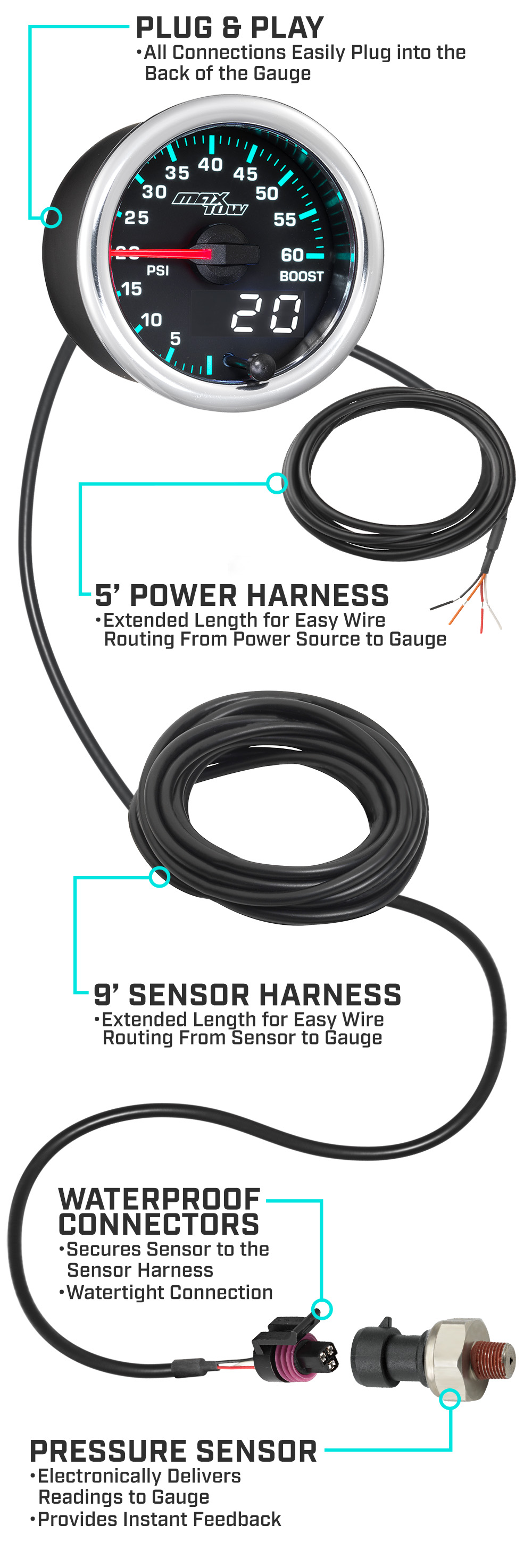 MaxTow Match 2014-2020 6.6L Duramax Diesel Boost Gauge Parts and Wiring