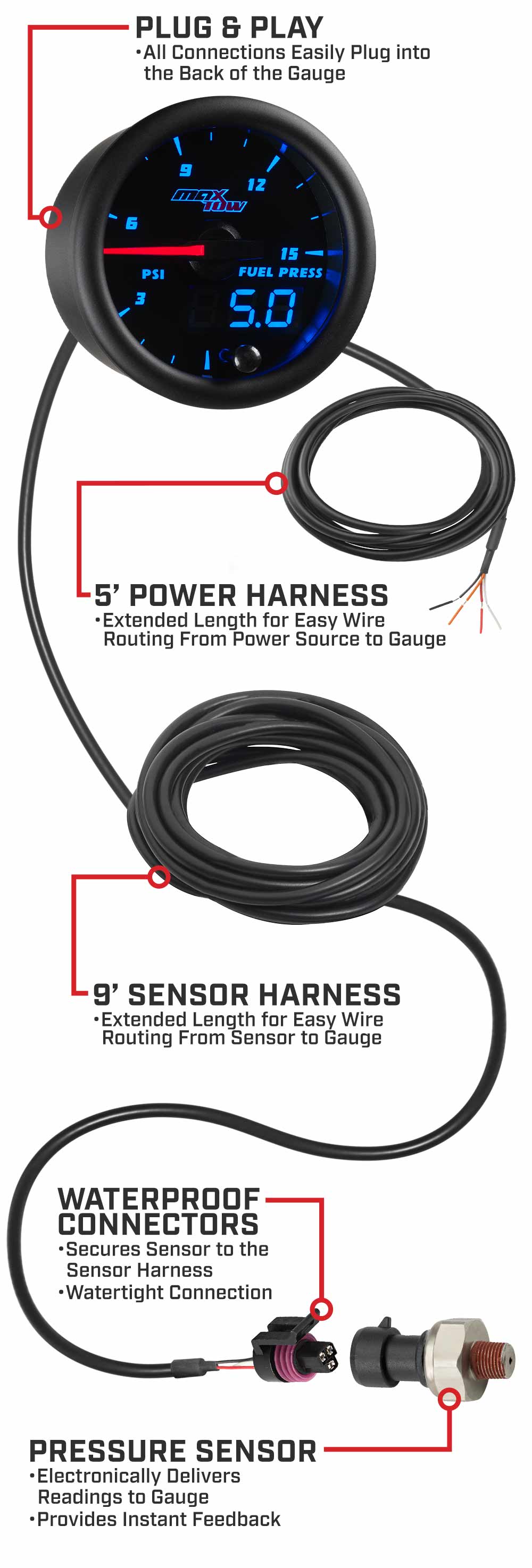 MaxTow Black & Blue Double Vision Fuel Pressure Gauges