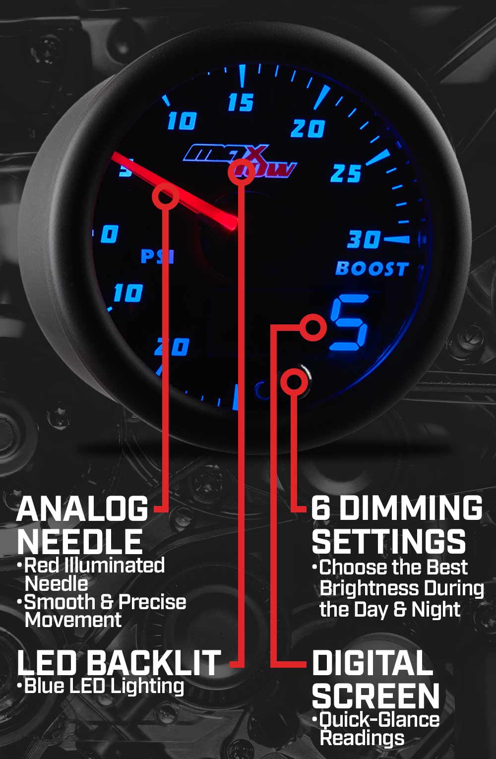 MaxTow  White & Blue Double Vision™ 30 PSI Fuel Pressure Gauge