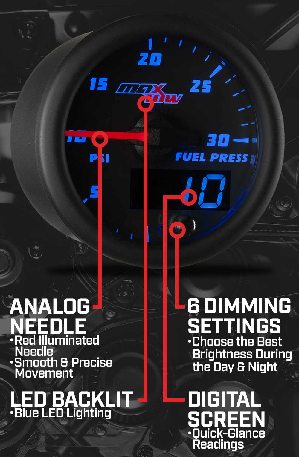 Includes Electronic Sensor Black Gauge Face Analog & Digital Readouts for Diesel Trucks 2-1/16 52mm Blue LED Illuminated Dial MaxTow Double Vision 30 PSI Fuel Pressure Gauge Kit 
