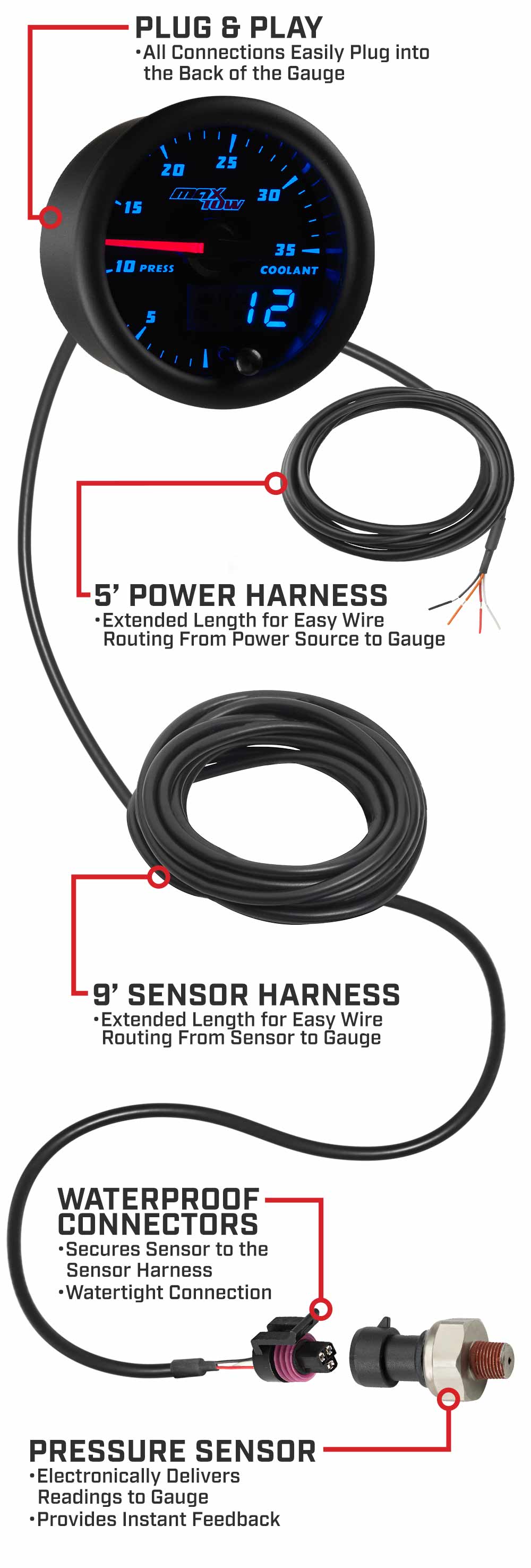 MaxTow Black & Blue Double Vision Coolant Pressure Gauges