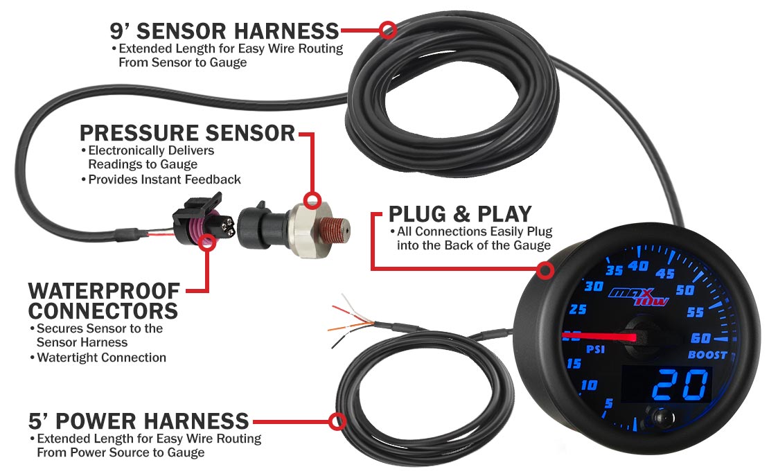 MaxTow Black & Blue Double Vision Boost Gauges