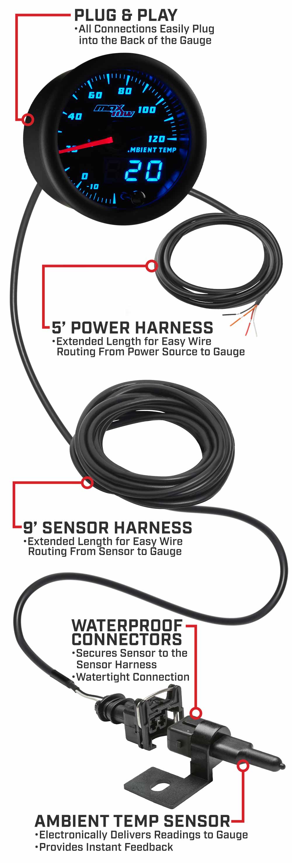 MaxTow Black & Blue Double Vision Ambient Air Temperature Gauges