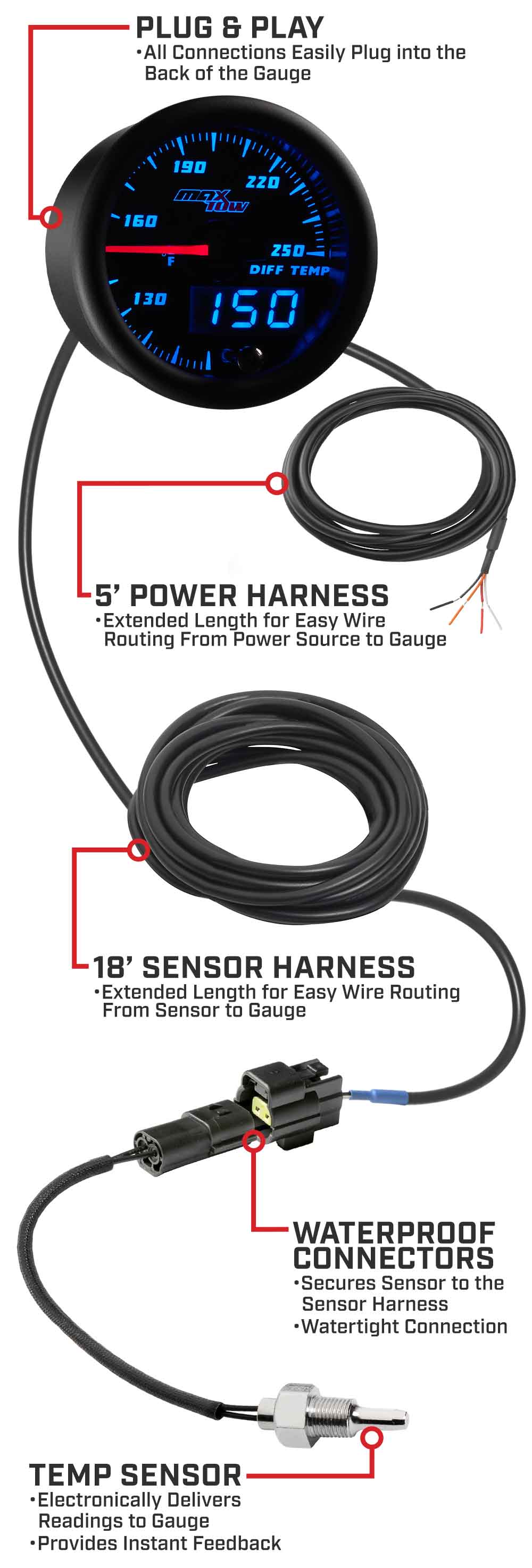 MaxTow Black & Blue Double Vision Diff Temperature Gauges