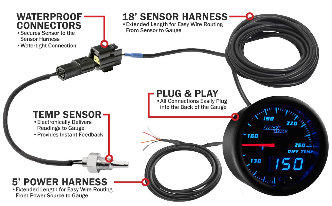 MaxTow Black Blue Double Vision Truck Diff Temp Gauge