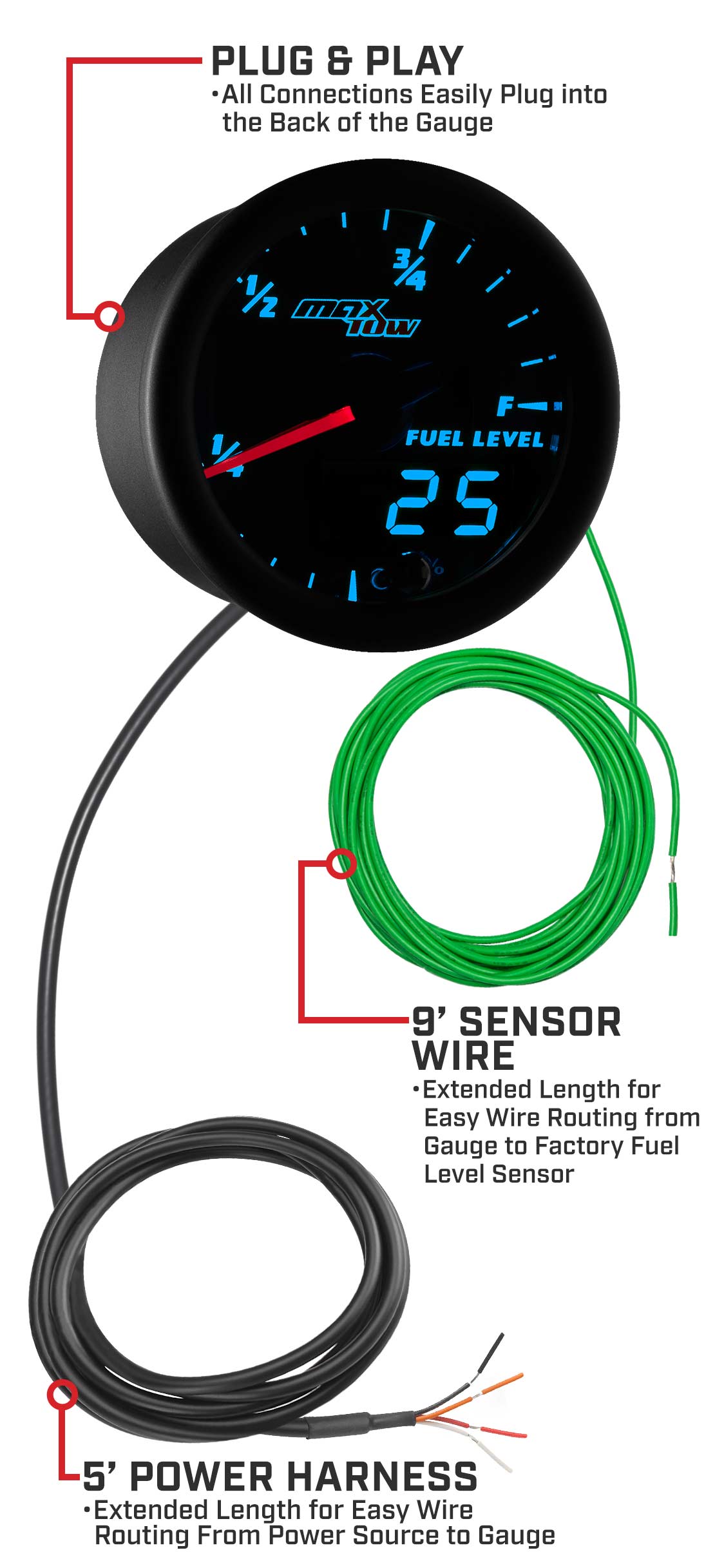 MaxTow Black & Blue Double Vision Fuel Level Gauges