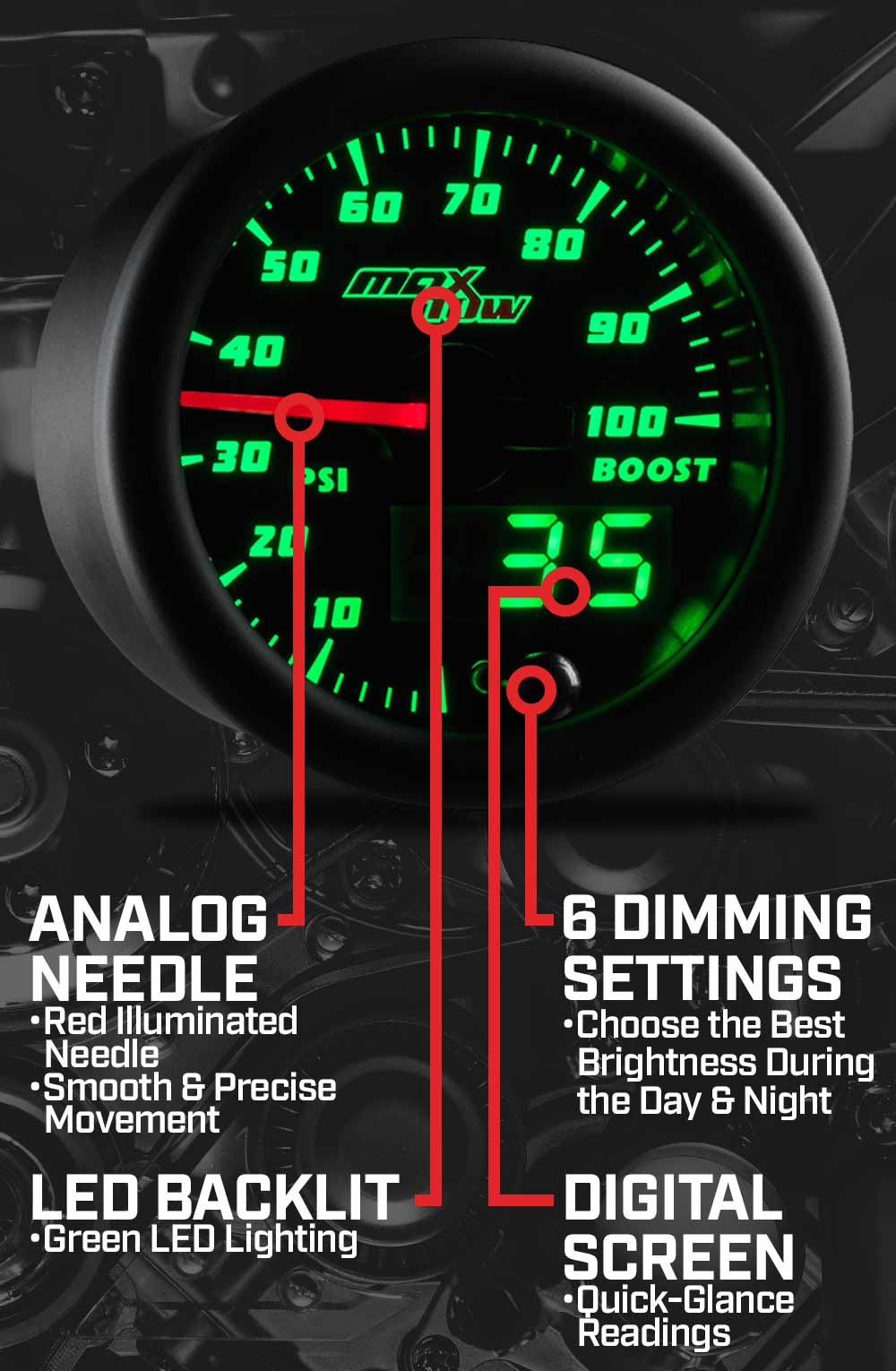 MaxTow Black & Green Double Vision Gauges