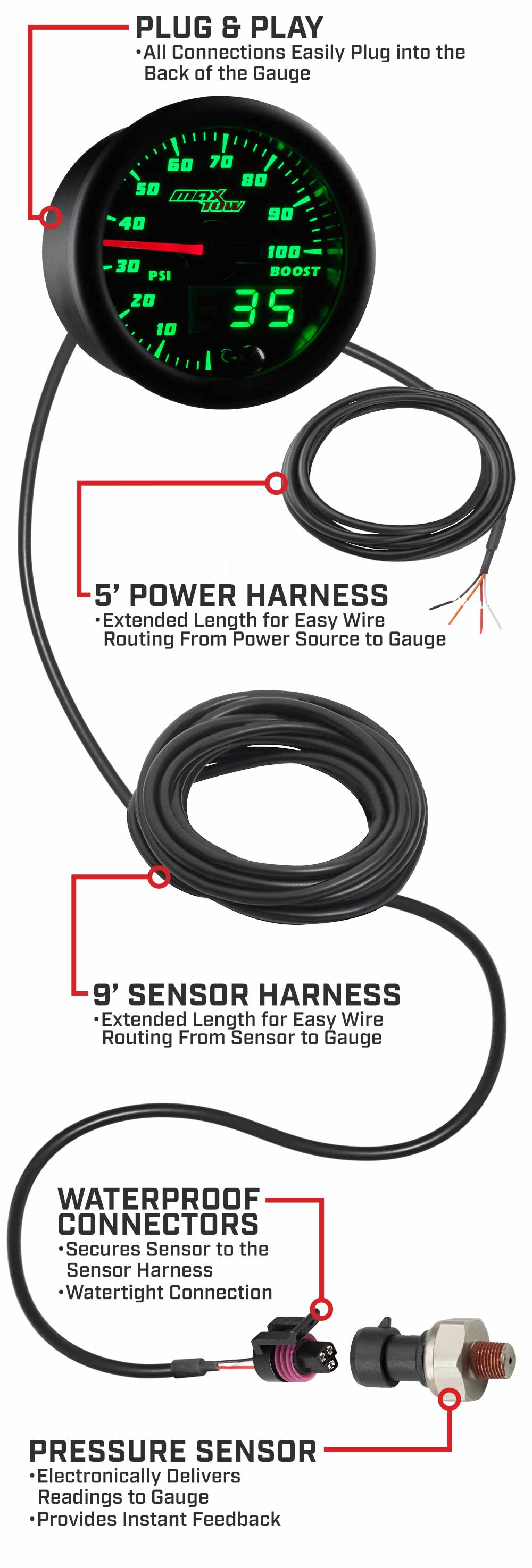 MaxTow Black & Green Double Vision Boost Gauges