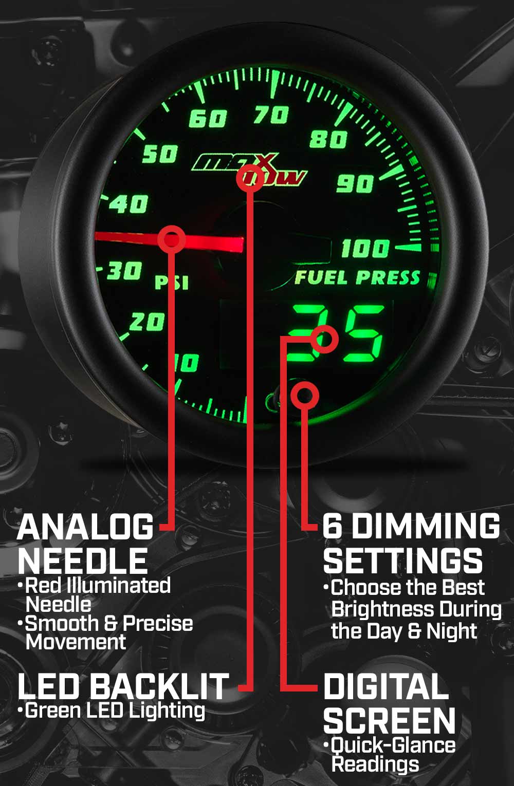 MaxTow  Black & Green Double Vision™ 100 PSI Fuel Pressure Gauge