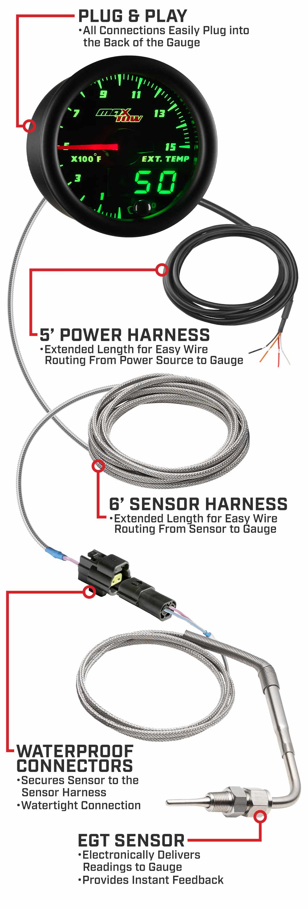 MaxTow Black & Green Double Vision Pyrometer EGT Gauges
