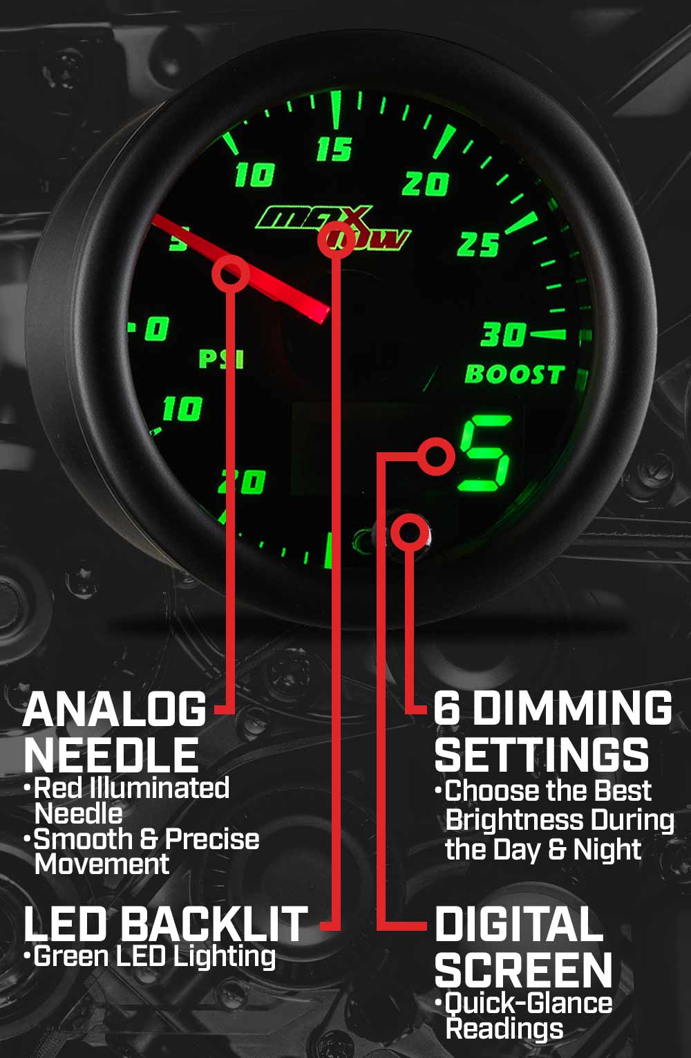 MaxTow Black & Green Double Vision Gauges