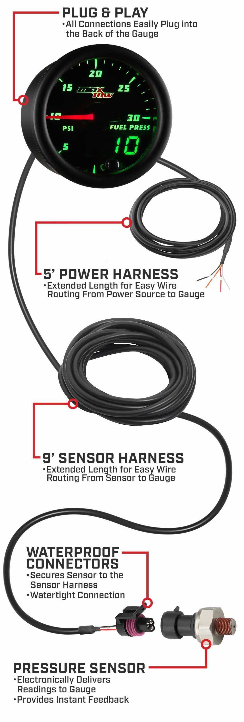 MaxTow Black & Green Double Vision Fuel Pressure Gauges