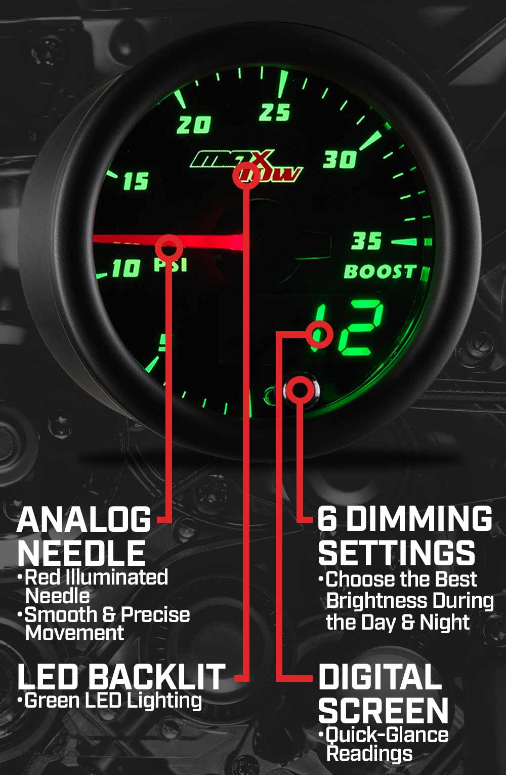 MaxTow Black & Green Double Vision Gauges