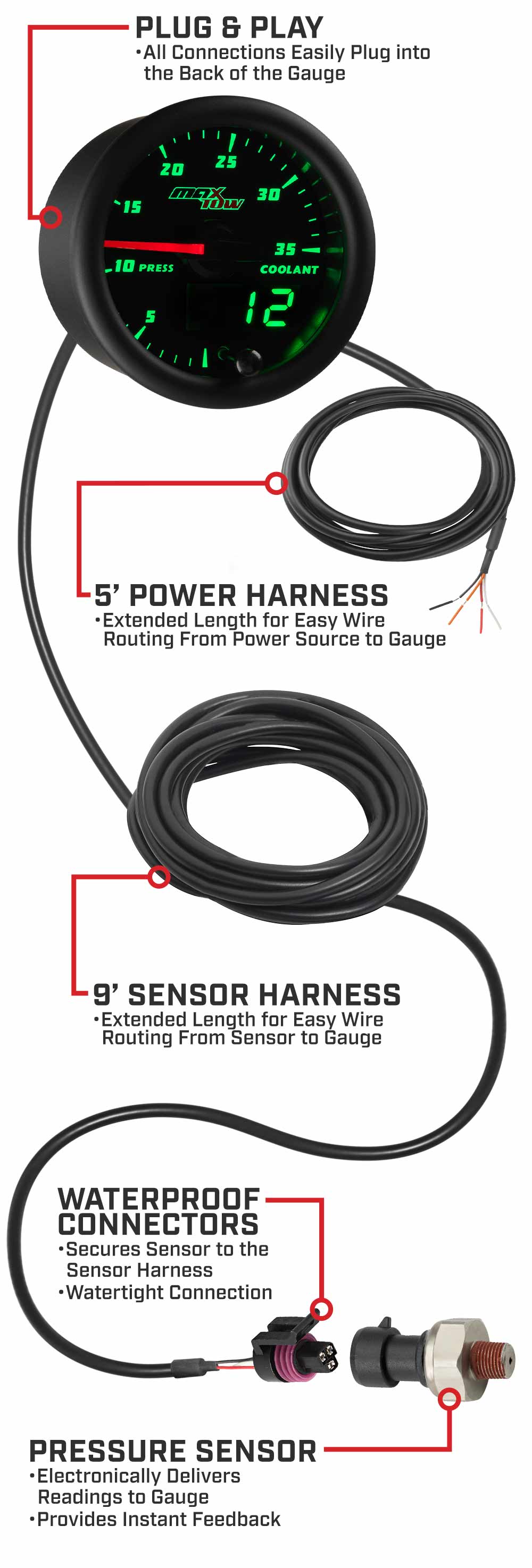 MaxTow Black & Green Double Vision Coolant Pressure Gauges