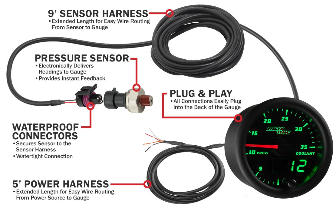 MaxTow Black & Green Double Vision Coolant Pressure Gauges