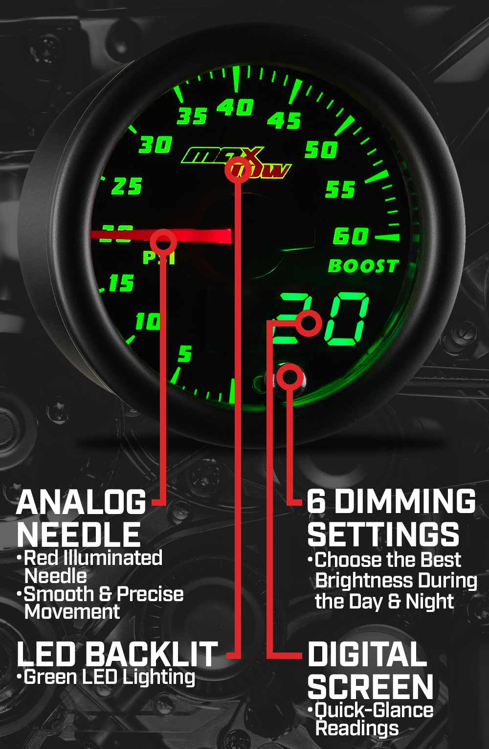 MaxTow Black & Green Double Vision Gauges