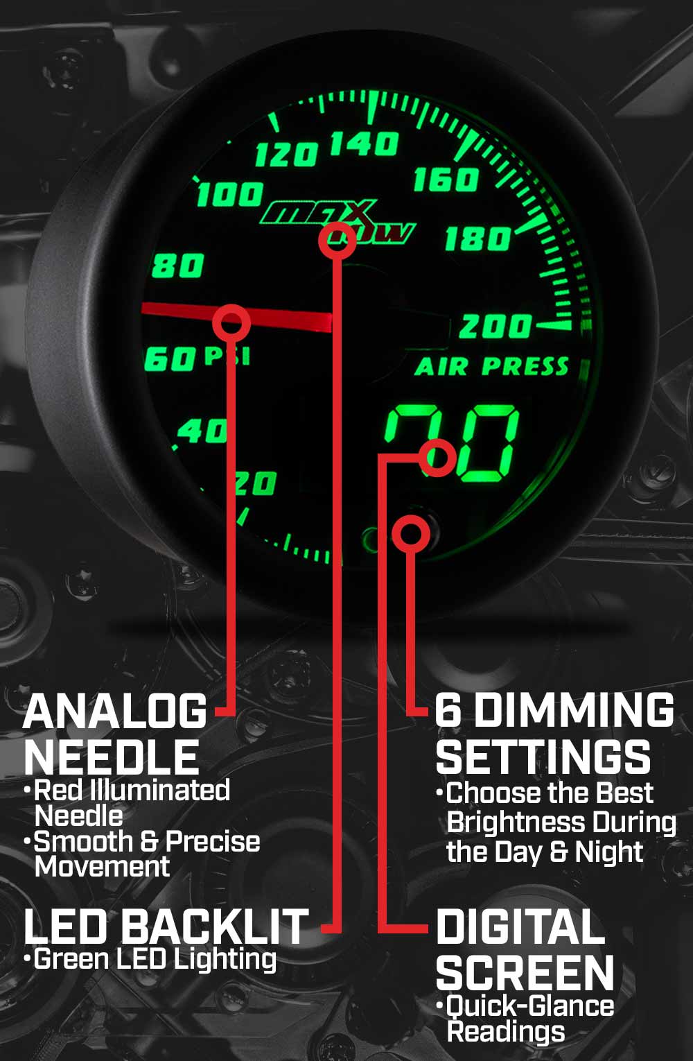 MaxTow Black & Green Double Vision Gauges