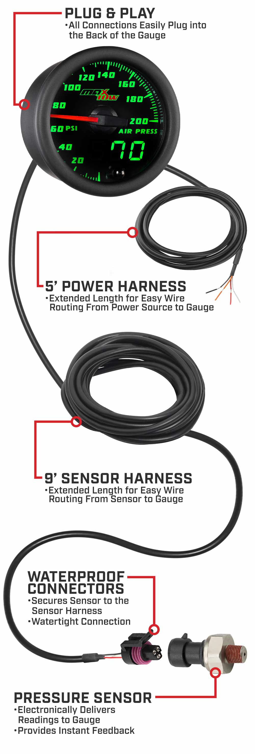 MaxTow Black & Green Double Vision Air Pressure Gauges