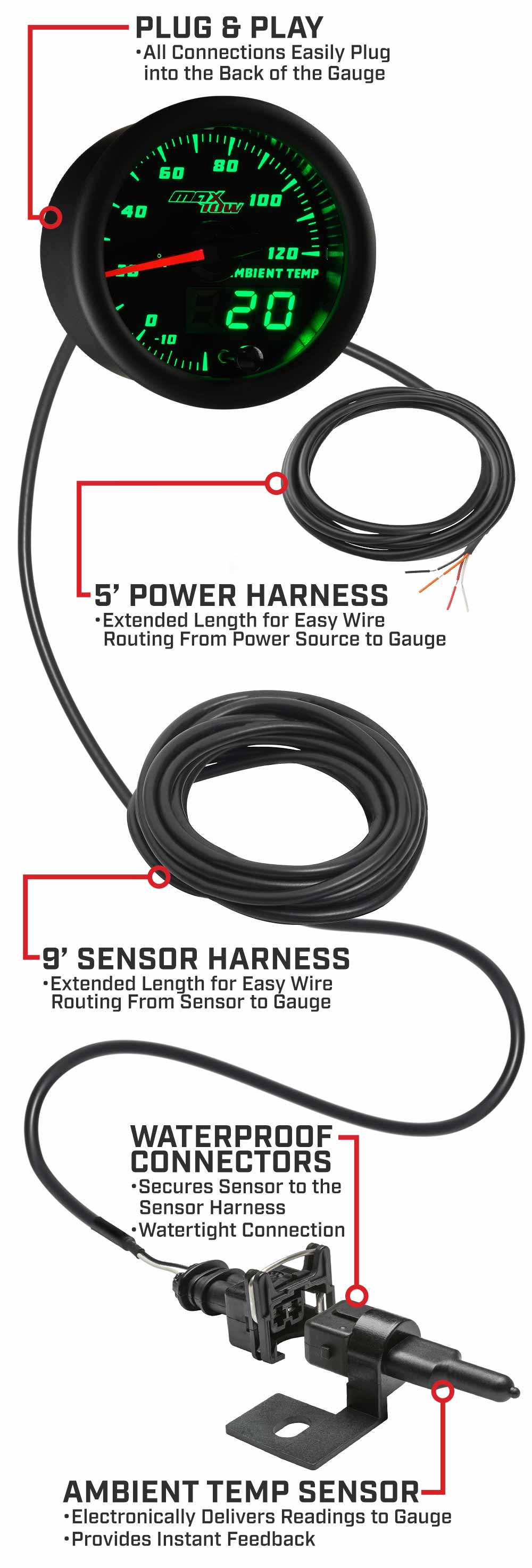 MaxTow Black & Green Double Vision Ambient Air Temperature Gauges