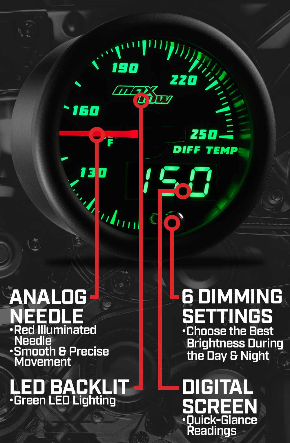 MaxTow Black & Green Double Vision Gauges