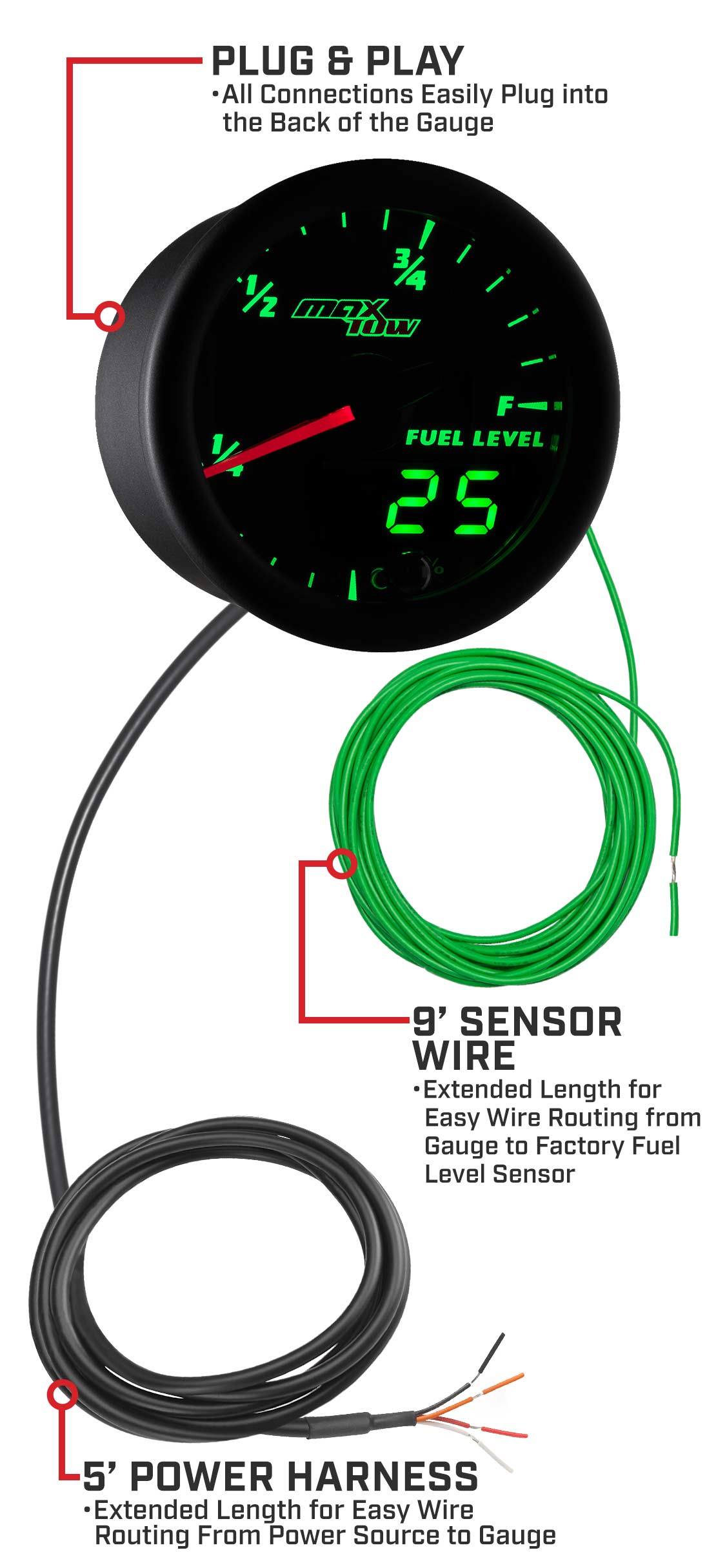 MaxTow Black & Green Double Vision Fuel Level Gauges