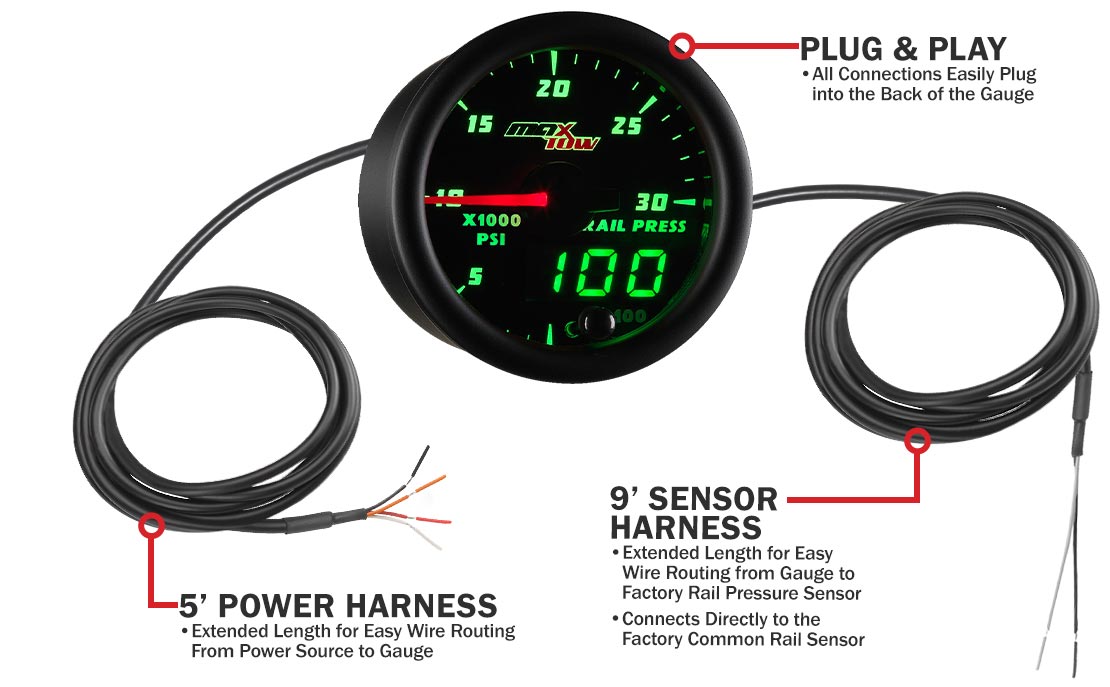 MaxTow Black & Green Double Vision Fuel Rail Pressure Gauges