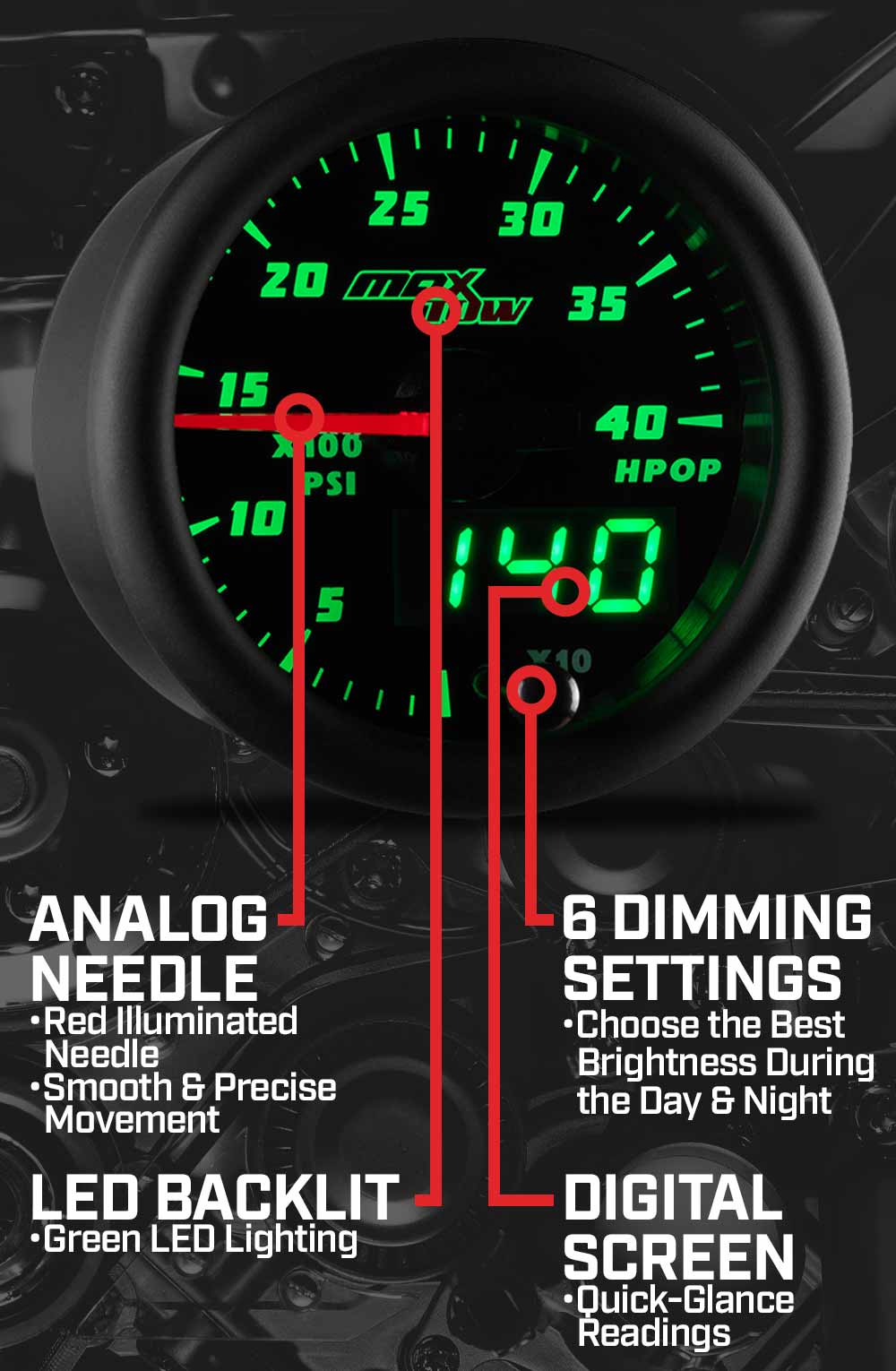 MaxTow Black & Green Double Vision Gauges