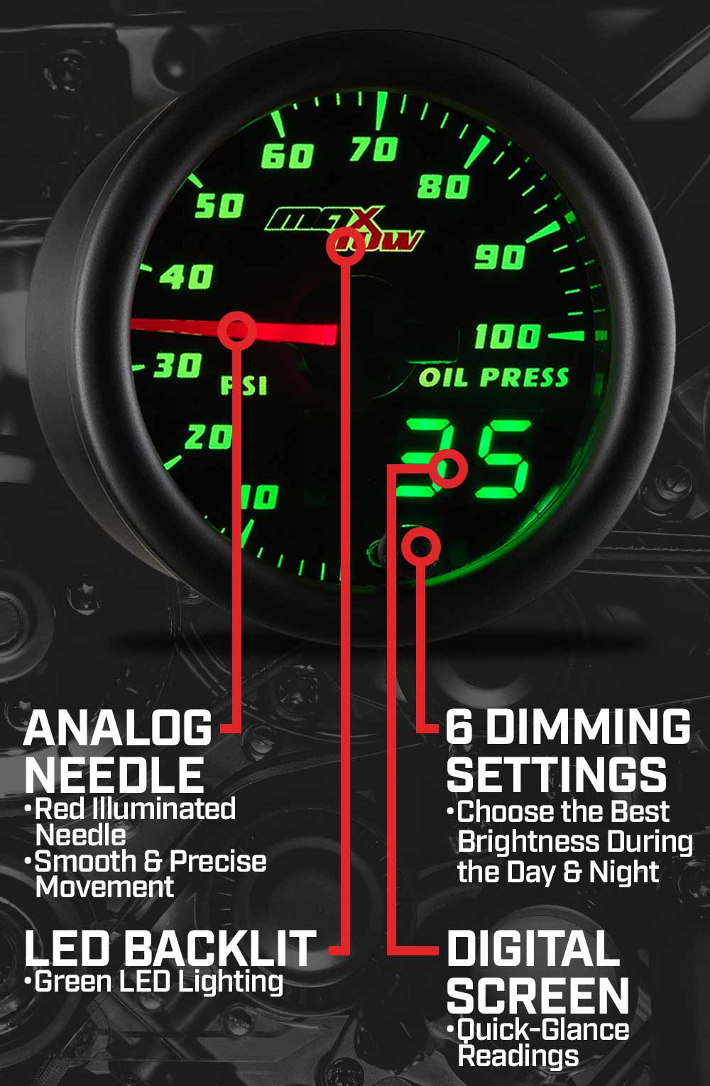 MaxTow Black & Green Double Vision Gauges