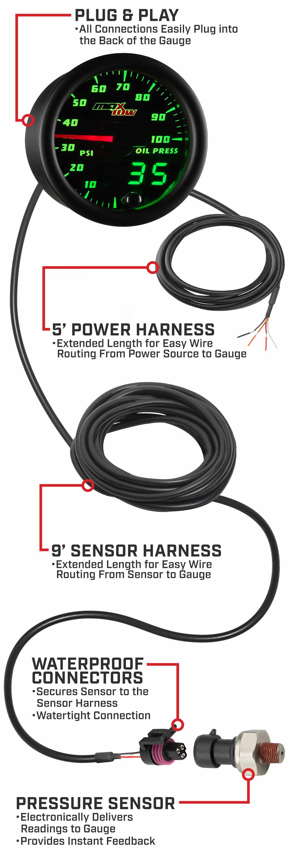 MaxTow Black & Green Double Vision Oil Pressure Gauges