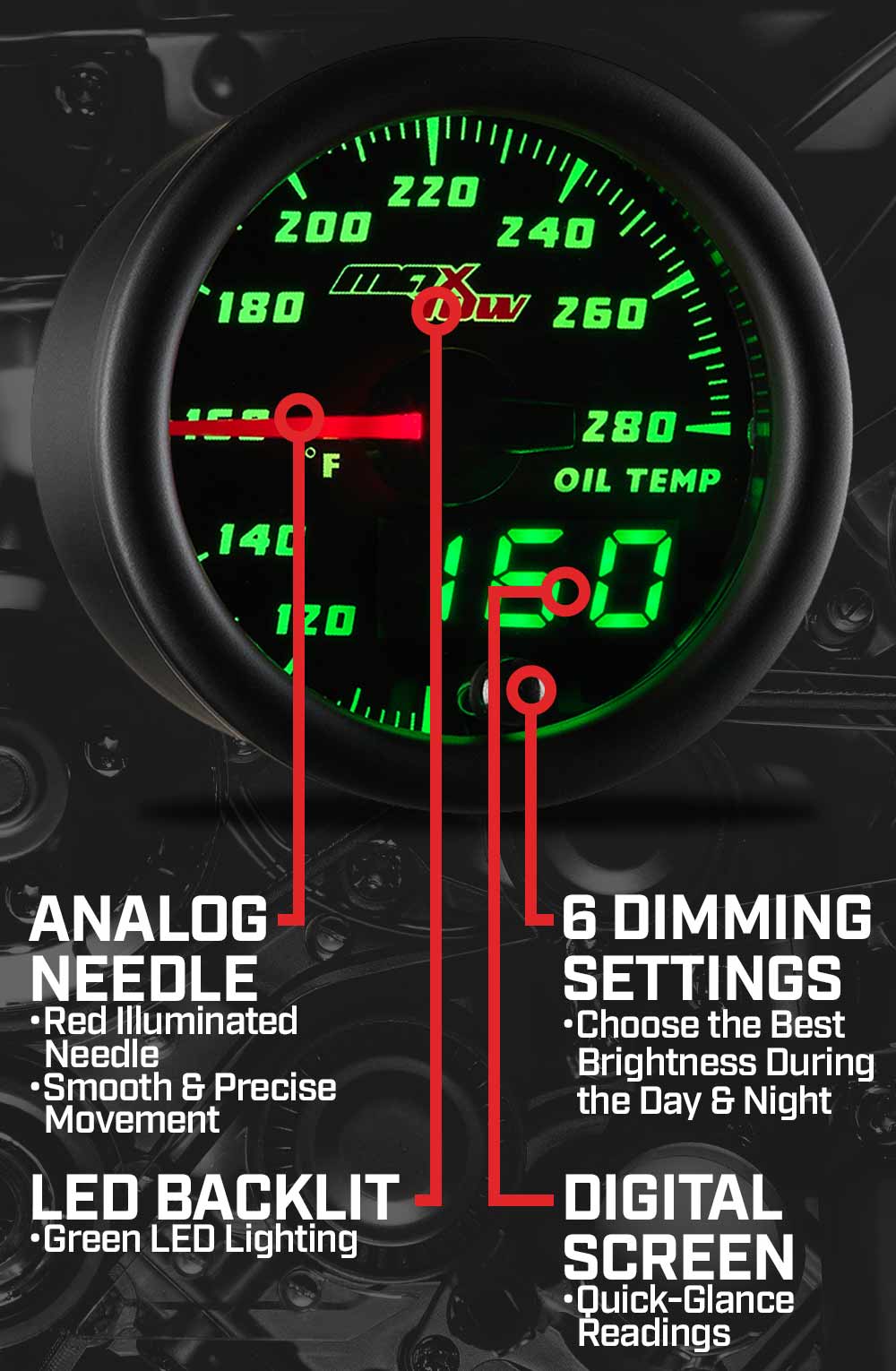 MaxTow Black  Green Double Vision™ Oil Temp Gauge For Trucks