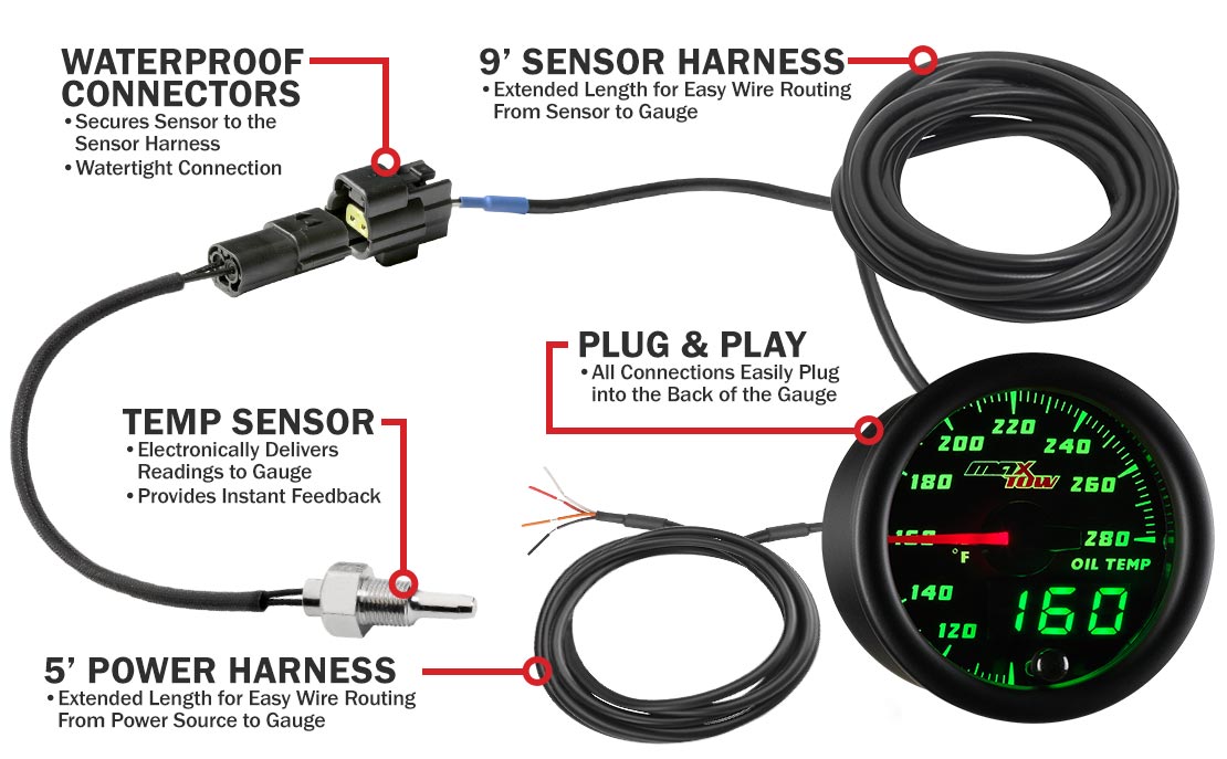 MaxTow Black & Green Double Vision Oil Temperature Gauges