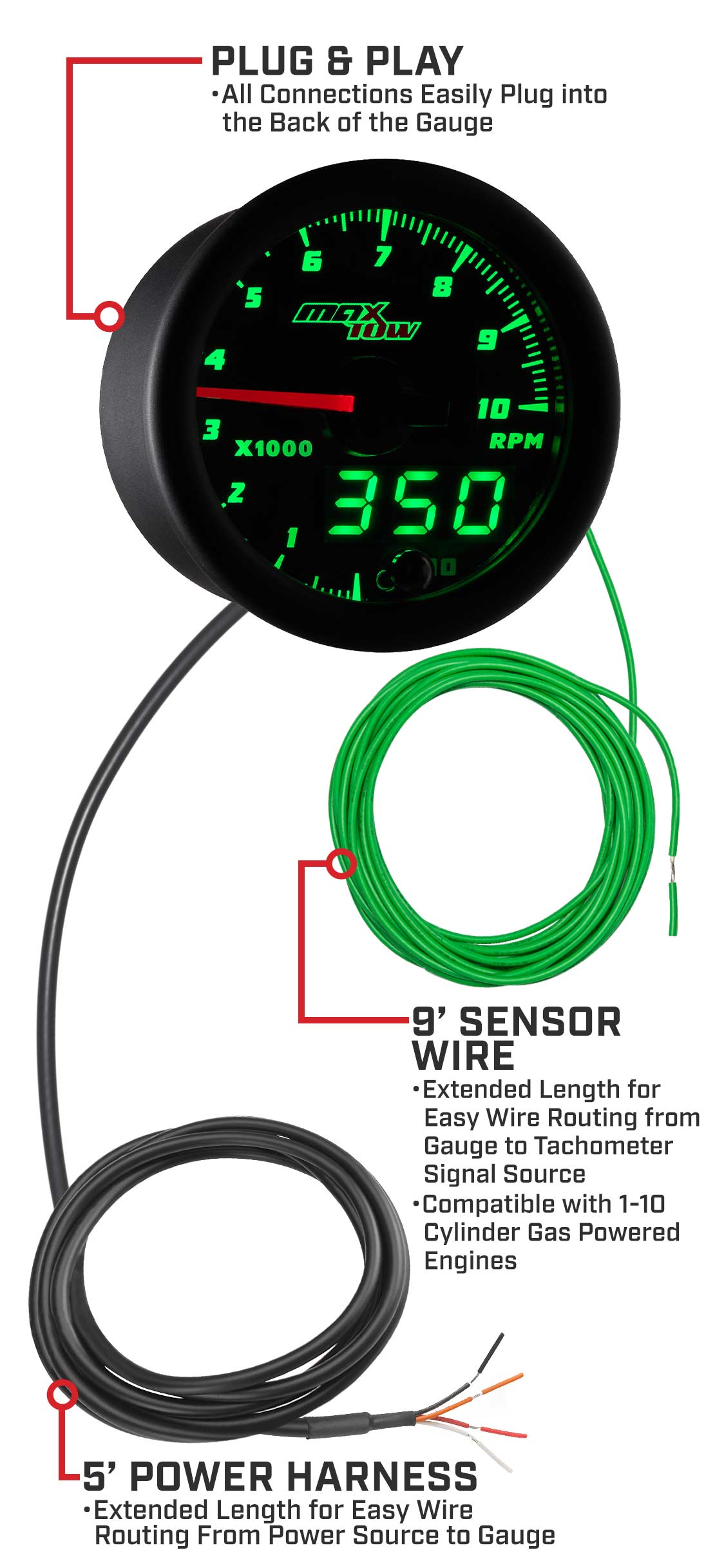 MaxTow Black & Green Double Vision Tachometer Gauges