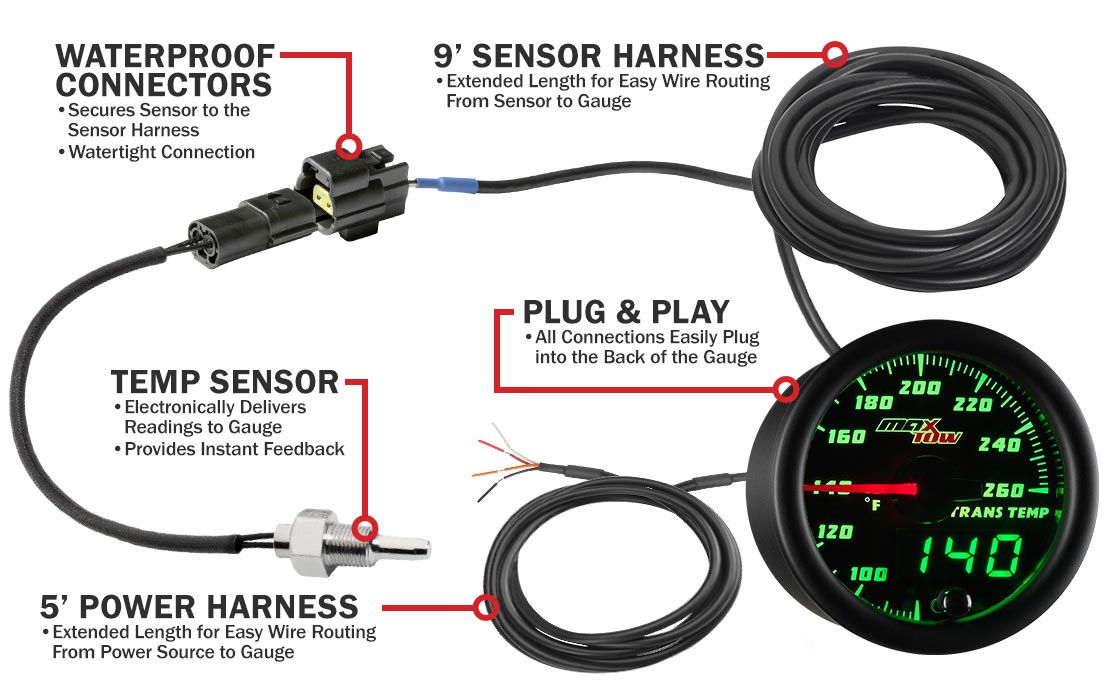 MaxTow Black & Green Double Vision Transmission Temperature Gauges