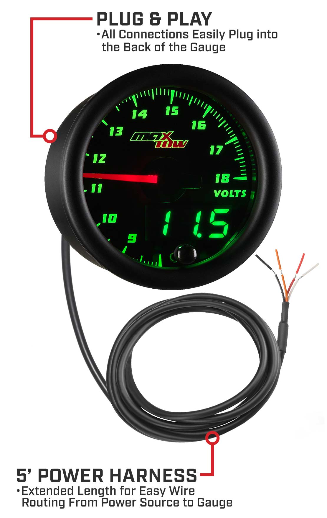 MaxTow Black & Green Double Vision Volt Gauges