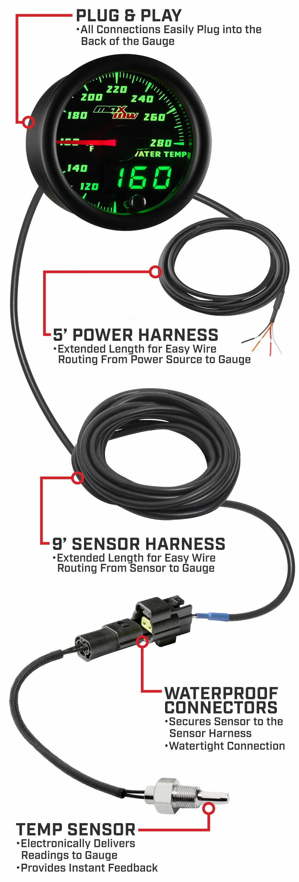 MaxTow  Black & Green Double Vision™ Water Temperature Gauge