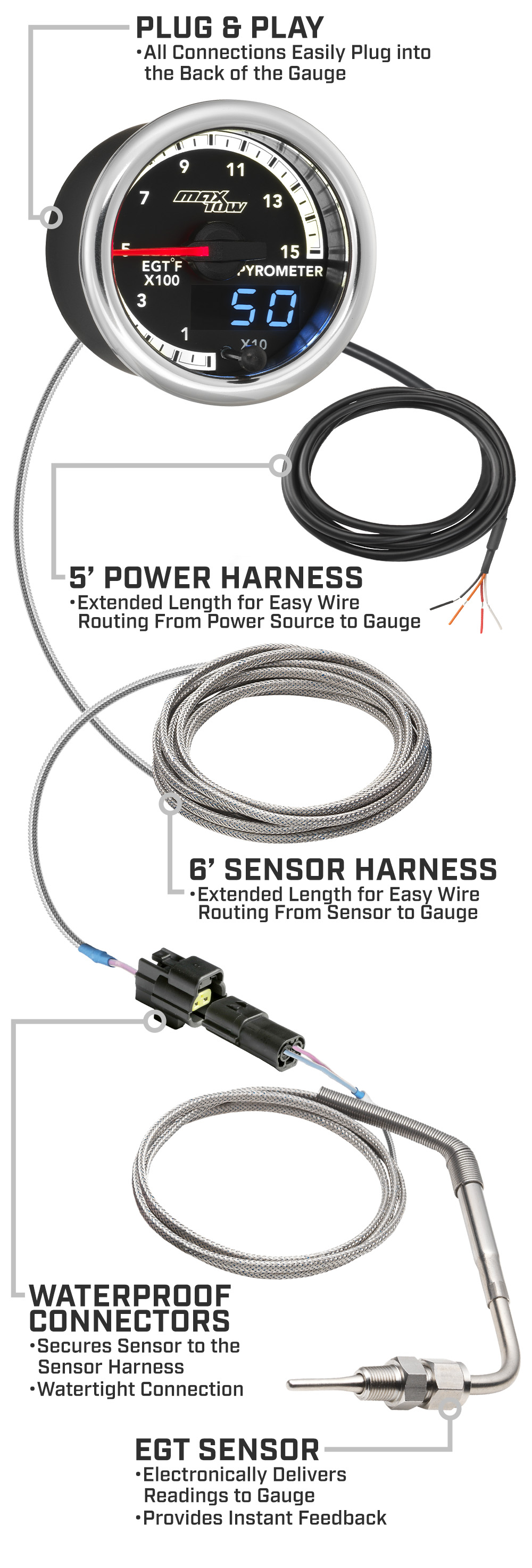 MaxTow Match 4th Gen Cummins 2200 EGT Gauge Parts and Wiring