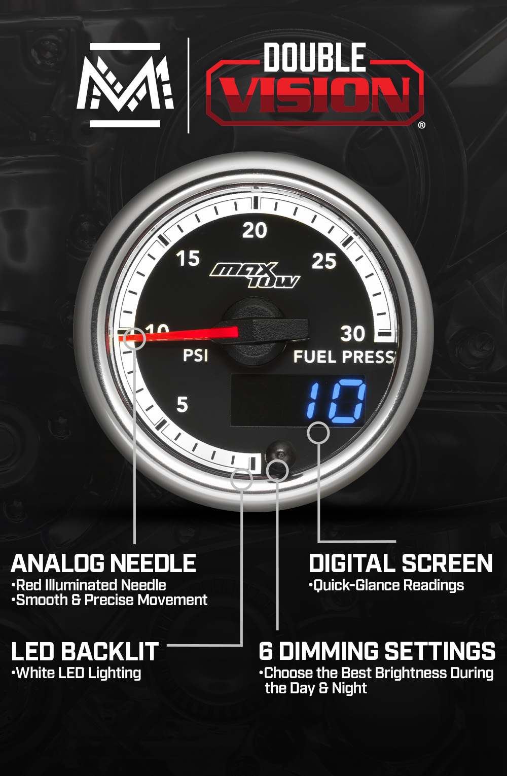 MaxTow Match 4th Gen Cummins 30 PSI Fuel Pressure Gauge