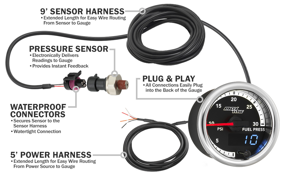 MaxTow Match 4th Gen Cummins Diesel 30 PSI Fuel Pressure Gauge Parts and Wiring