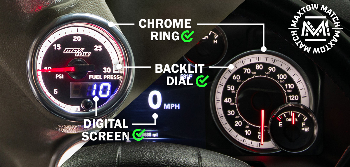 Comparison of MaxTow Match to 4th Gen Cummins Factory Cluster Gauges