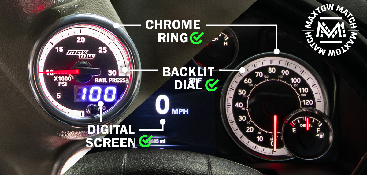 Comparison of MaxTow Match to 4th Gen Cummins Factory Cluster Gauges