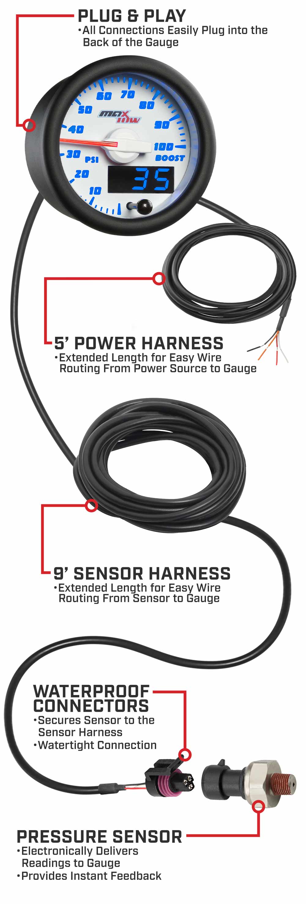 MaxTow White & Blue Double Vision Boost Gauges