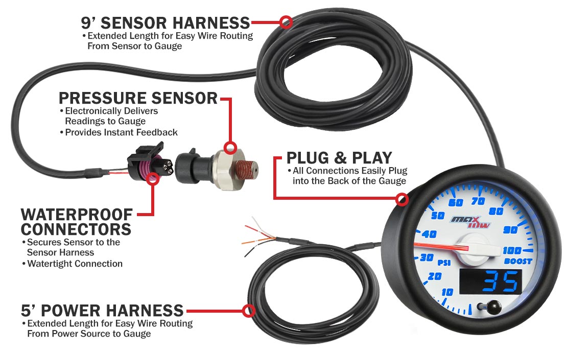 MaxTow White & Blue Double Vision Boost Gauges