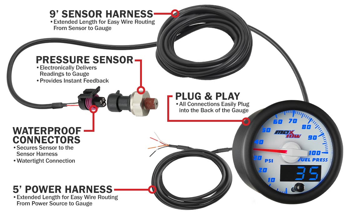 MaxTow White & Blue Double Vision Fuel Pressure Gauges