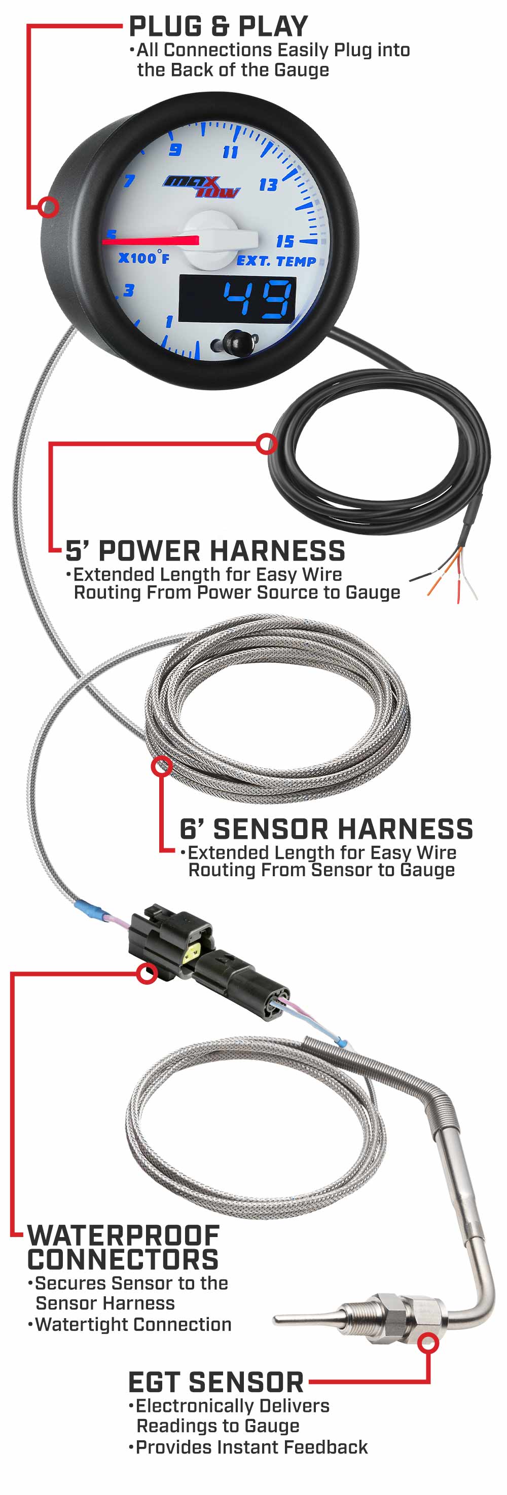 MaxTow White & Blue Double Vision Pyrometer EGT Gauges