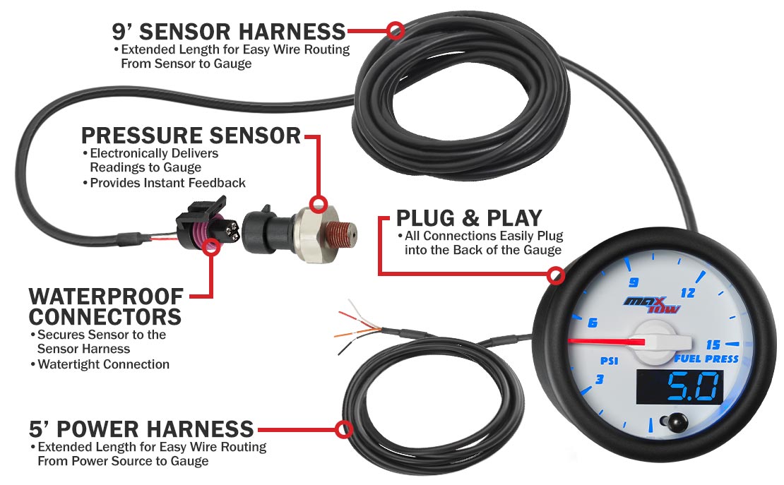 MaxTow White & Blue Double Vision Fuel Pressure Gauges