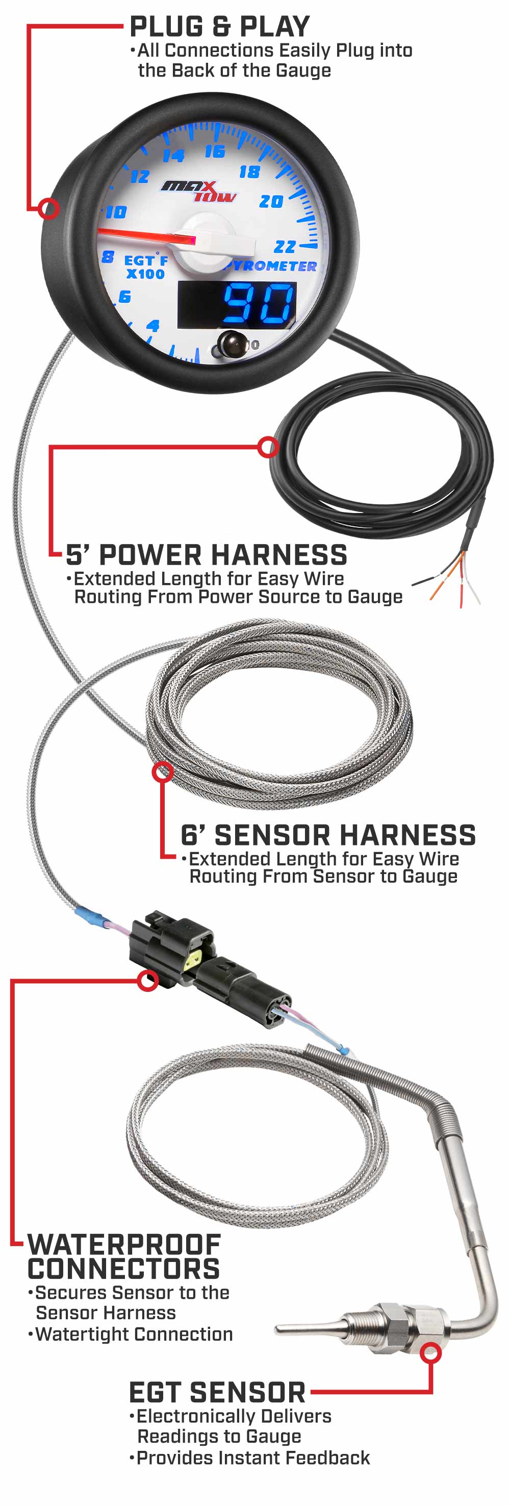 MaxTow White & Blue Double Vision Pyrometer EGT Gauges