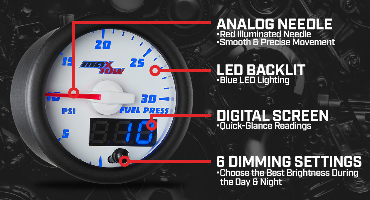 MaxTow  White & Blue Double Vision™ 30 PSI Fuel Pressure Gauge