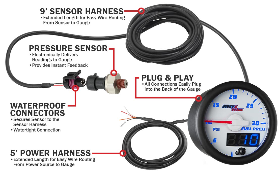 MaxTow White & Blue Double Vision Fuel Pressure Gauges