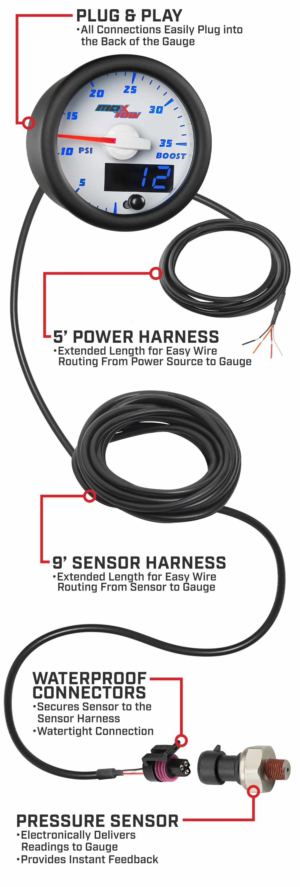 MaxTow White & Blue Double Vision Boost Gauges